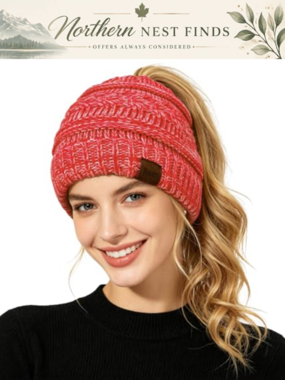 Cable Knit Ponytail Beanie Messy Bun Winter Hat for Women Soft Stretch